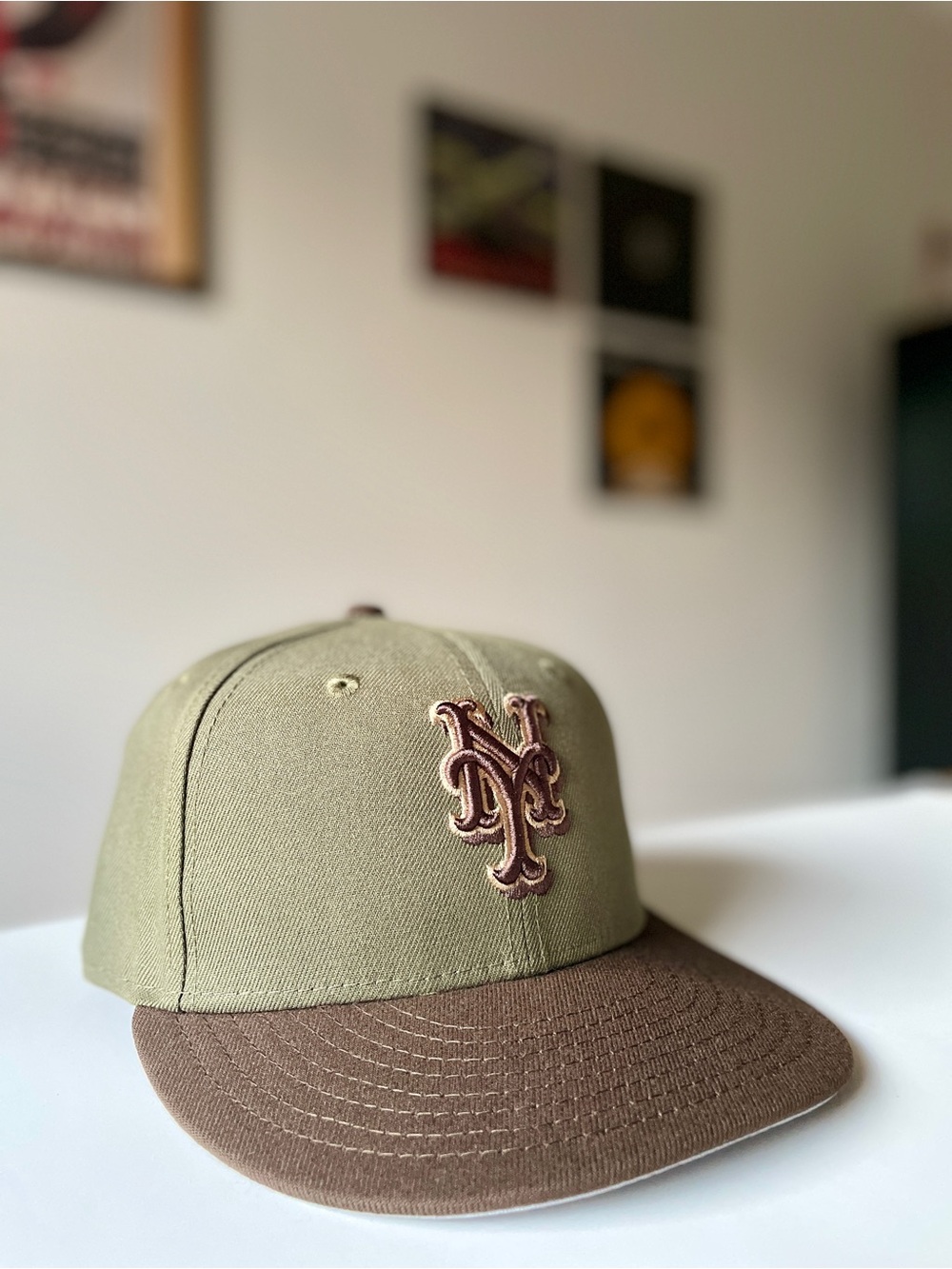 Custom New York Mets 59FIFTY Fitted Cap in Olive/Walnut